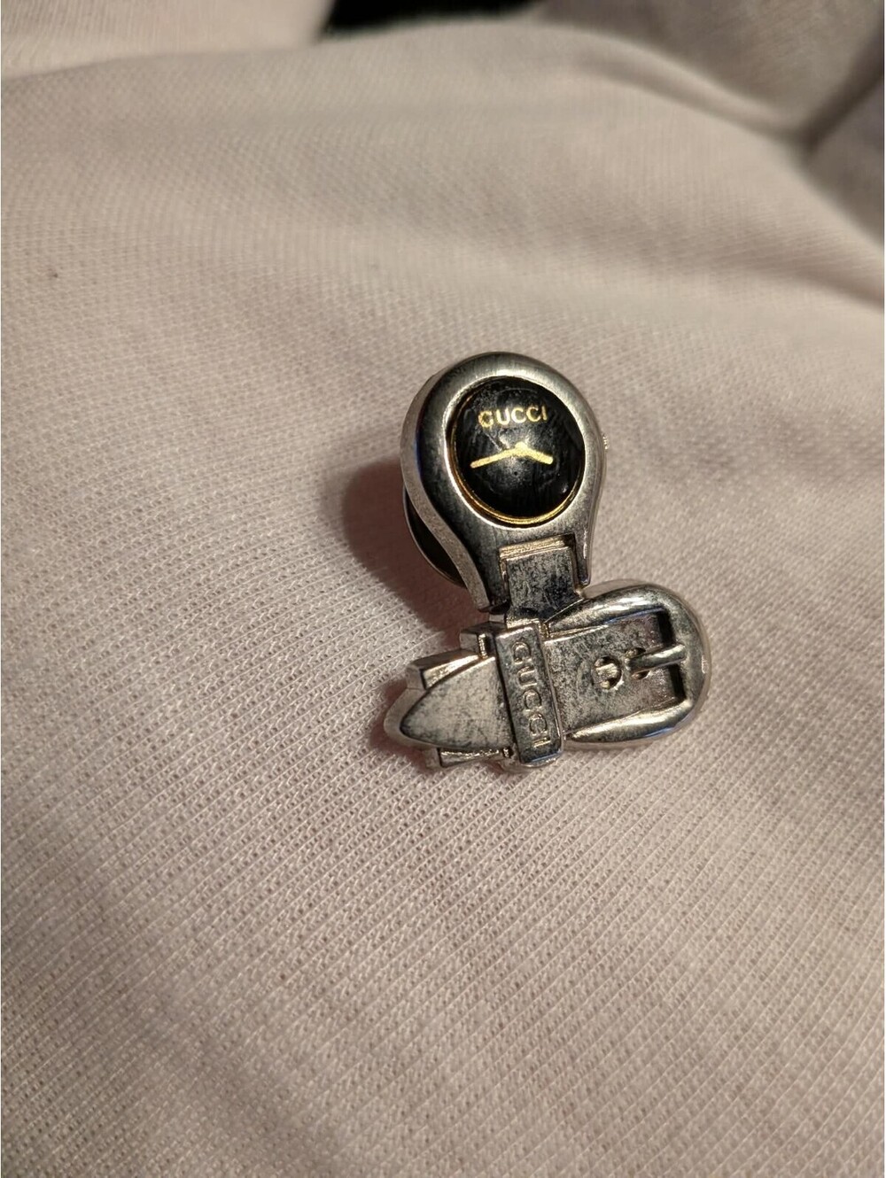 Vintage GUCCI Silver Tone & Black Enamel 6700L Watch Face & Belt Lapel Pin